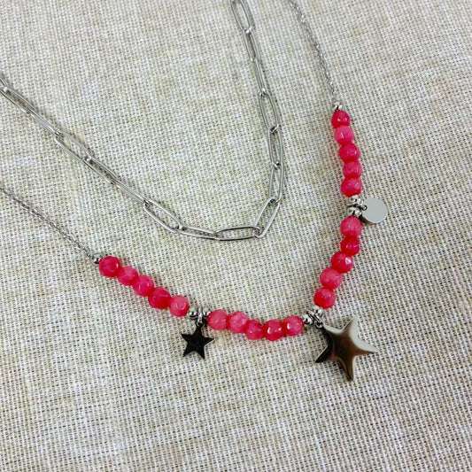 Collana “Stella Rosa” – Acciaio Inossidabile & Perline Rosa con Charm Stelle