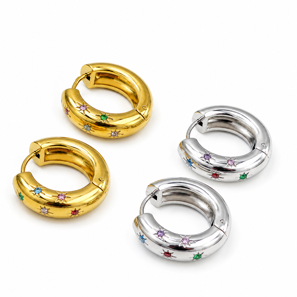 Orecchini a cerchio bombati “Stelle Multicolor” | in acciaio inox