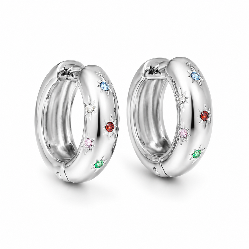 Orecchini a cerchio bombati “Stelle Multicolor” | in acciaio inox