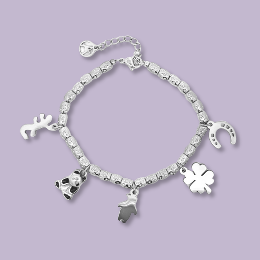 (B164)Bracciale con pepite e pendente panda in acciaio inox