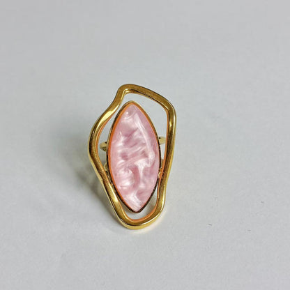 Anello con Pietra Rosa Ovale – Acciaio Inossidabile Oro