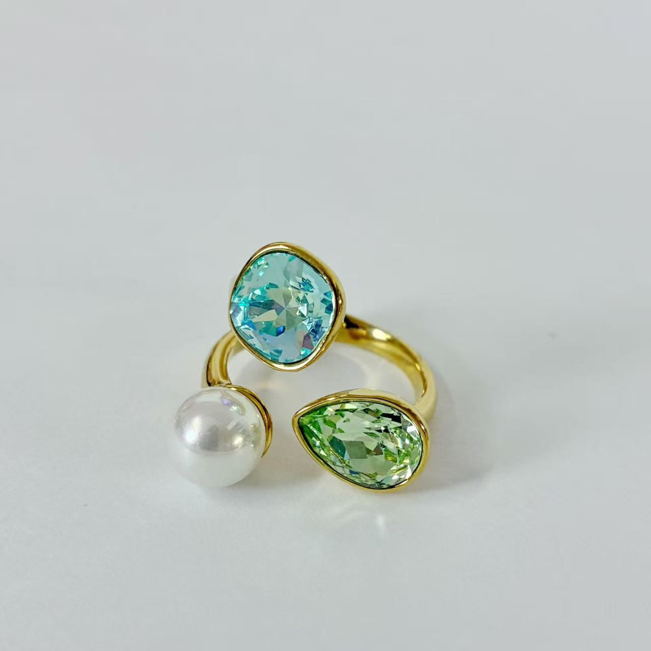 Anello “Gocce di Colore” con perla e cristalli assortiti | regolabile | in acciaio inox