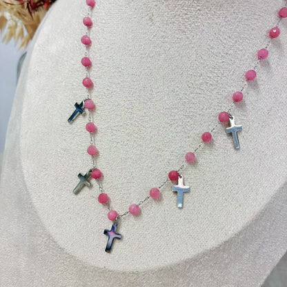 Collana “Fede & Luce” – Pietre Grigie e Croci in Acciaio Inossidabile