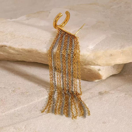 (E065)Orecchino Ear cuff con catene pendenti bicolore