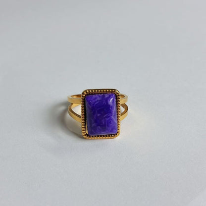 Anello con Pietra Rettangolare Viola – Acciaio Inossidabile Oro