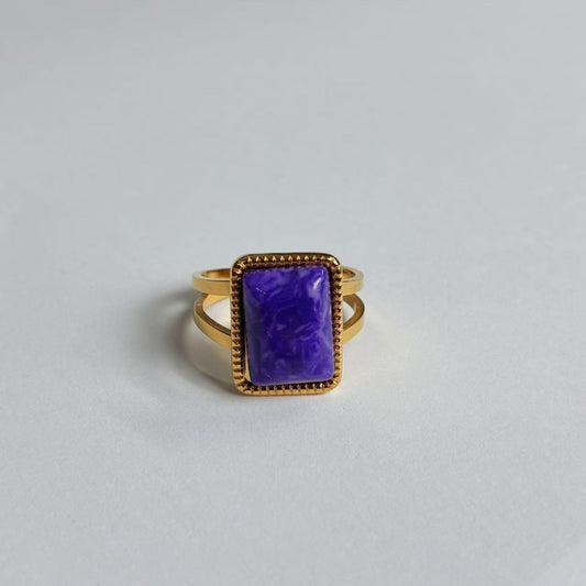 Anello con Pietra Rettangolare Viola – Acciaio Inossidabile Oro