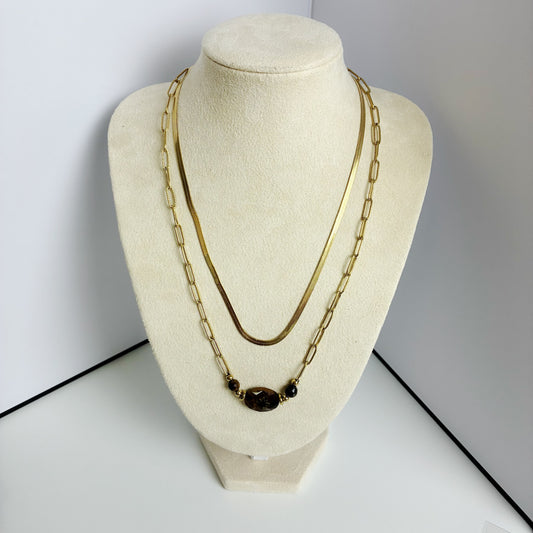 (C375)Collana a Doppio Filo con Pendente in Pietra Marrone