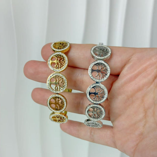 (B145)Bracciale rigido donna con molla albero della vita in acciaio inox