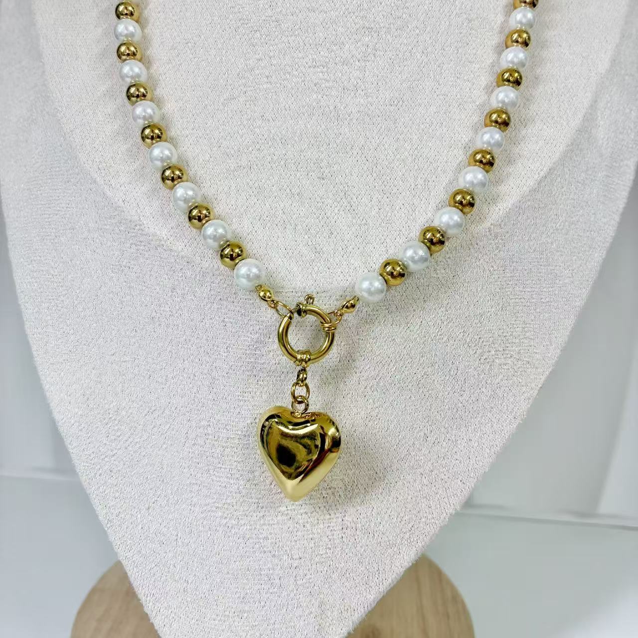 (C219)Collana bicolore con cuore bombato in acciaio inox