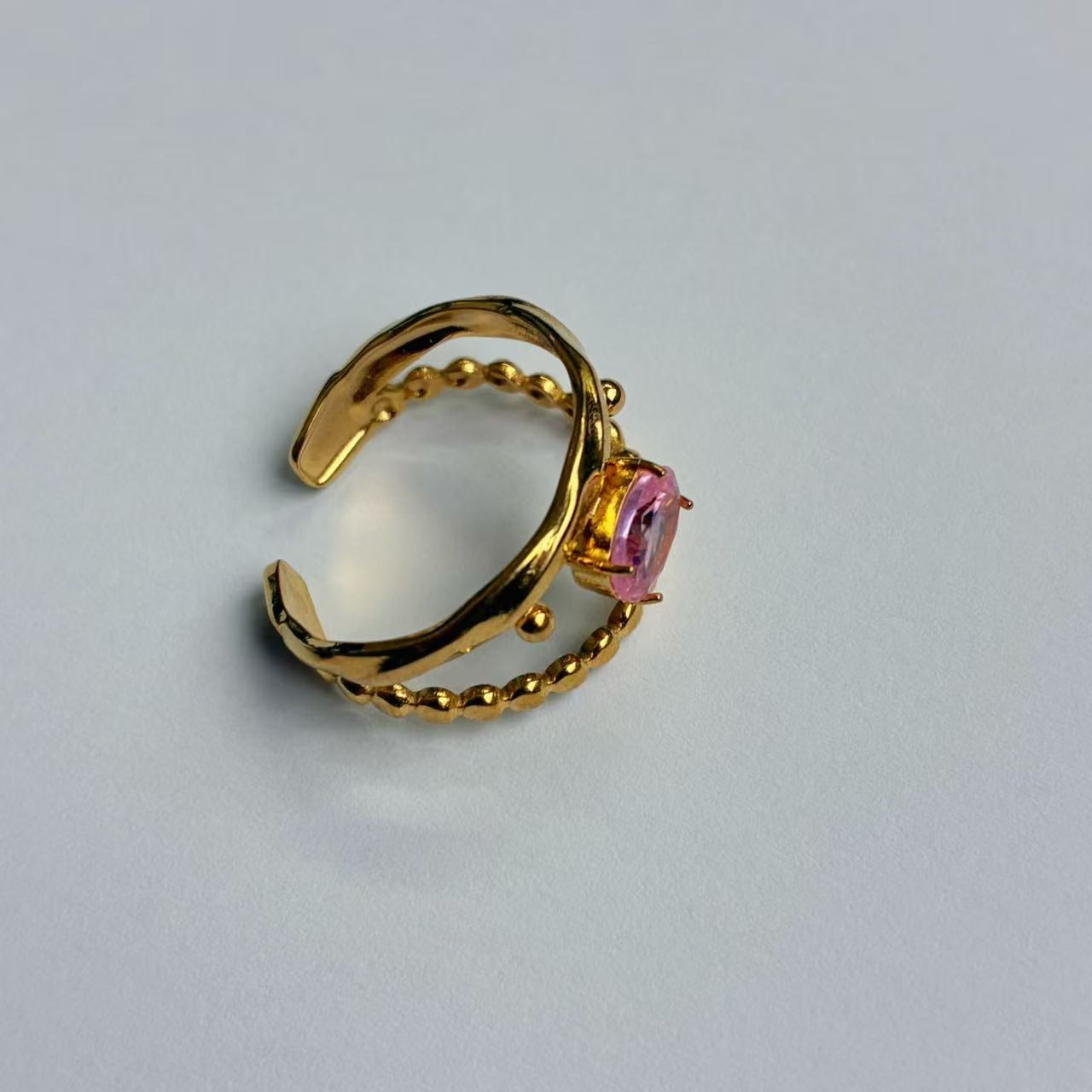 Anello Aperto con Zircone Rosa – Doppia Fascia Elegante