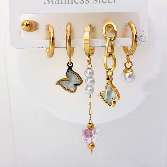 Set 6 Orecchini Asimmetrici con Farfalle &amp; Perle – Raffinatezza Creativa