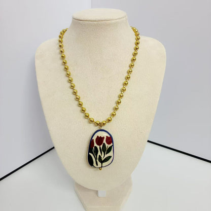 (C363)Collana artistica con ciondolo smaltato floreale