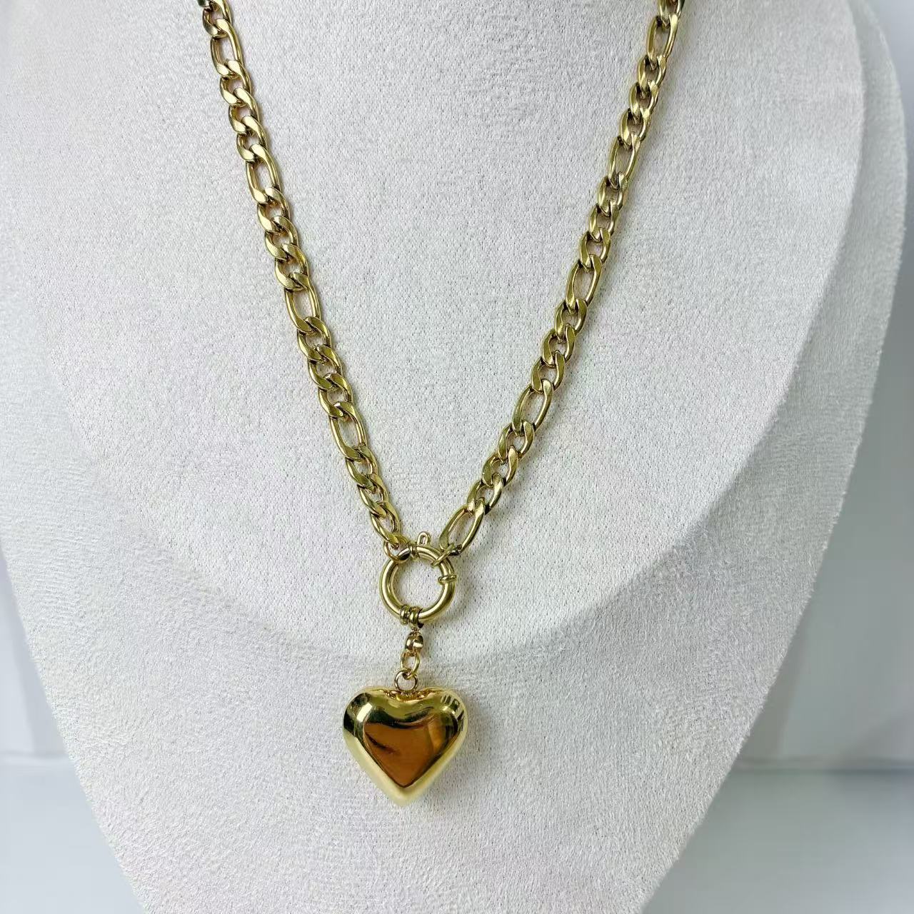 (C218)Collana catena ciondolo cuore bombato in acciaio inox