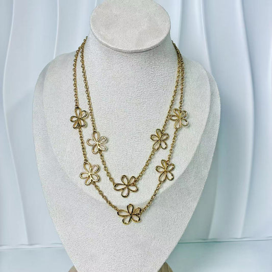 (C240)Collana doppio filo con fiori in acciaio inox