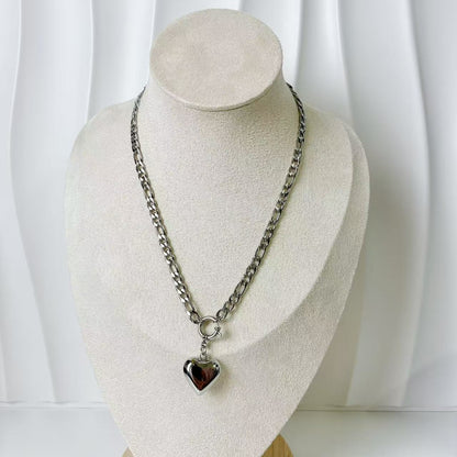 (C218)Collana catena ciondolo cuore bombato in acciaio inox