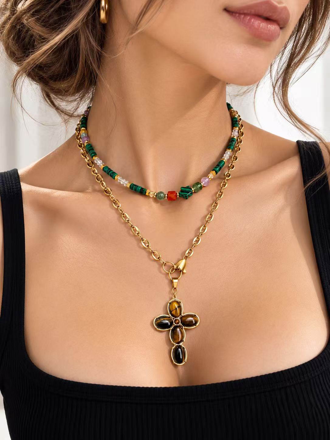 Collana con le pietre naturali Malachite | 45cm | in acciaio inox