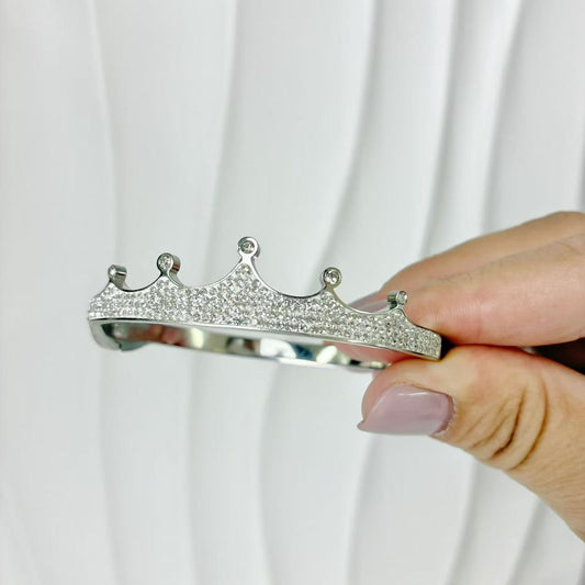 (B140)Bracciale rigido corona pave’ con molla in acciaio inox