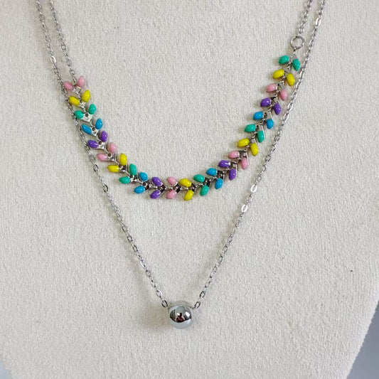 (C366)Collana a doppio strato con perline colorate