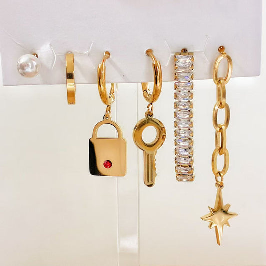 Set 6 Orecchini Mix & Match – Perla, Lock & Key, Brillante e Stella