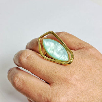 Anello con Pietra Celeste Ovale – Acciaio Inossidabile Oro