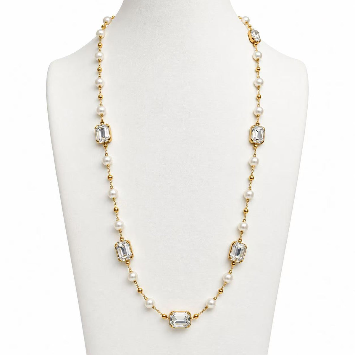 Collana con le perle e zirconi 85cm | in acciaio inox