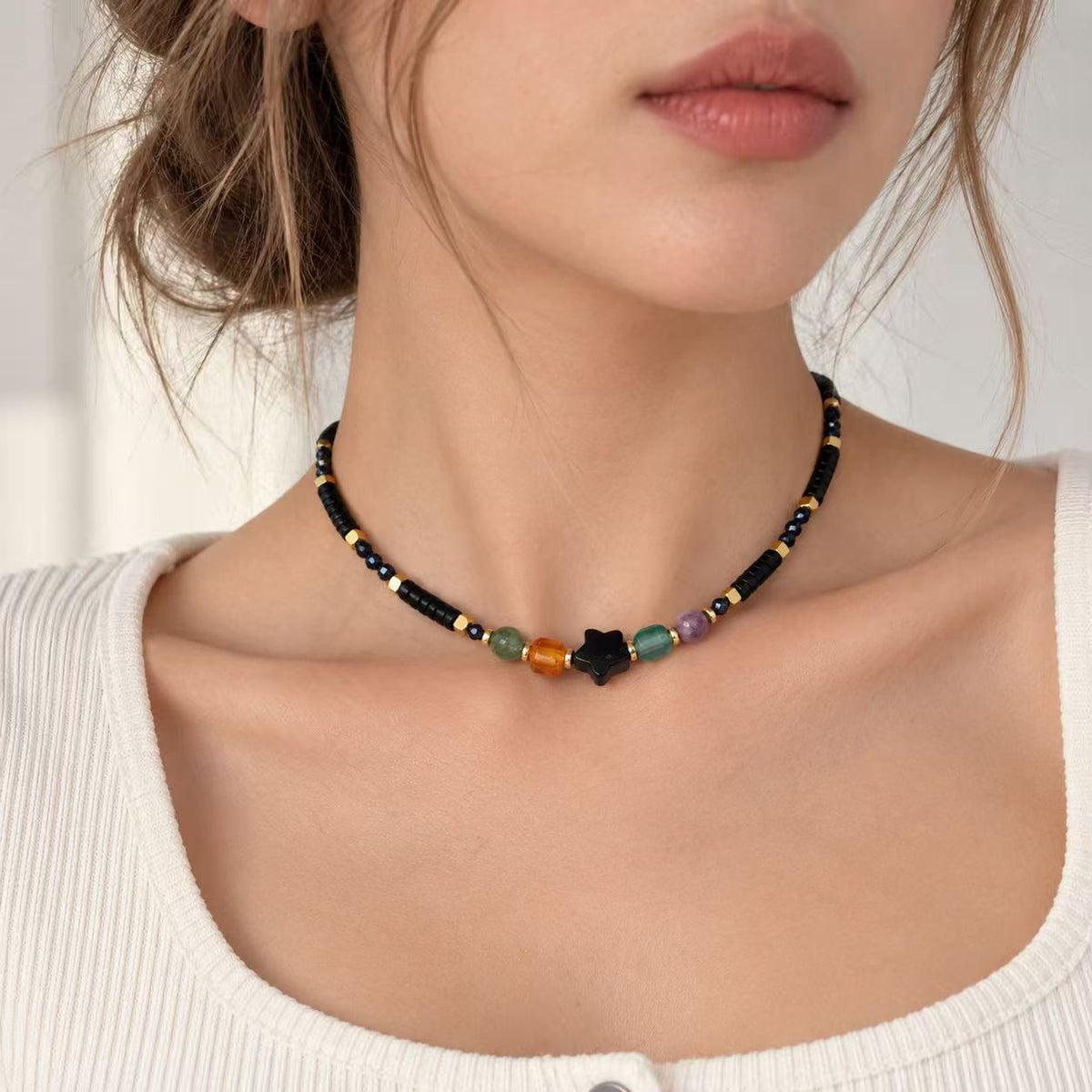 Collana con le pietre naturali Onice Nero 45cm | in acciaio inox